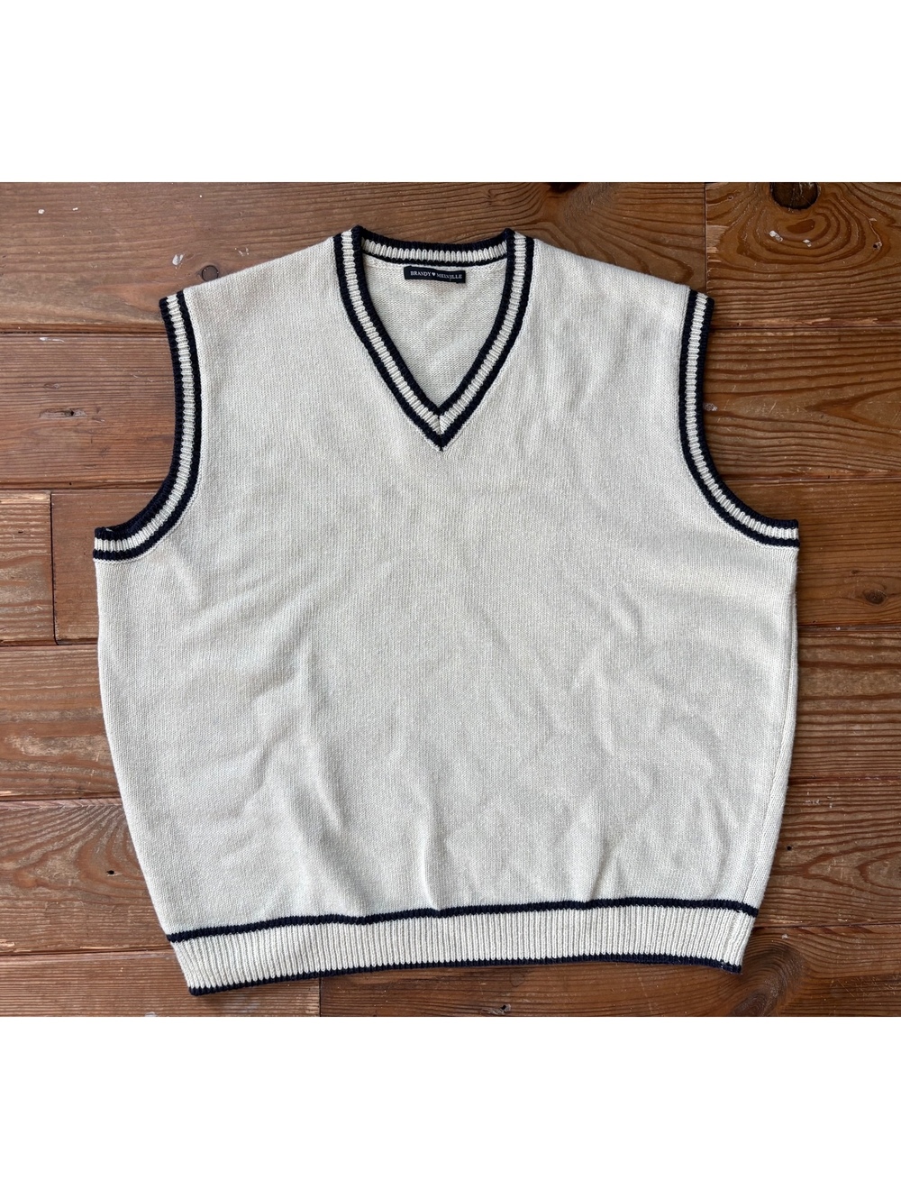 Brandy Melville Cream Navy Trim V-Neck Sweater Vest One Size
